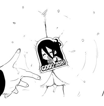 2girls aris_(blue_archive) asahina_yoshitoshi ass blue_archive closed_eyes english_text greyscale hair_between_eyes highres kei_(blue_archive) long_hair monochrome multiple_girls open_mouth pussy simple_background smile sticker sweat thumbs_up uncensored white_background