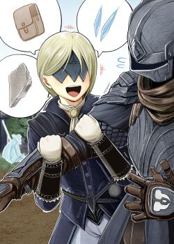 1boy 1girl :d armor ascot black_scarf blindfold_mask blonde_hair blue_jacket breastplate brooch brother_and_sister brown_gloves covered_eyes cowboy_shot duchess_(elden_ring) elden_ring elden_ring_nightreign eye_mask funnyaka gloves hands_up helmet highres holding_another&#039;s_arm jacket jewelry mask open_mouth pants parted_bangs pauldrons scale_armor scarf shoulder_armor siblings smile speech_bubble standing surcoat white_gloves white_pants wylder_(elden_ring)