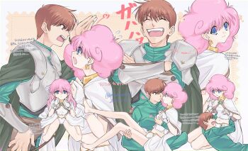 1boy 1girl armor atyakodayo1 blue_eyes brown_eyes cloak commentary_request earrings hetero highres jewelry looking_at_another looking_at_viewer pink_hair rance rance_(series) sharp_teeth short_hair sill_plain simple_background tears teeth white_cloak