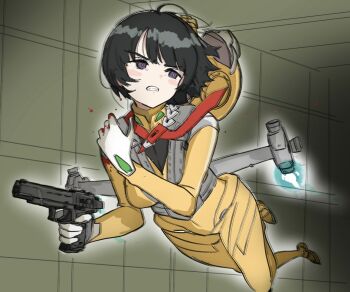 1girl black_eyes black_hair bleeding blood blush_stickers bodysuit clenched_teeth commentary_request covering_injury gun gundam gundam_gquuuuuux hallway hand_on_own_shoulder handgun helmet jetpack karuvo looking_to_the_side mecha_pilot_suit necktie no_pupils normal_suit_(gundam) red_necktie shiiko_sugai solo striped_necktie teeth translation_request unworn_headwear unworn_helmet weapon yellow_bodysuit zero_gravity