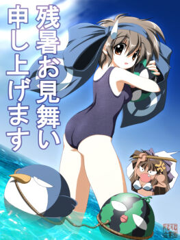 2girls afloat anger_vein arms_up artist_name ass ball beachball bikini bird blue_hairband blue_one-piece_swimsuit blue_sky bow breasts brown_eyes brown_hair chibi comedic_sweatdrop commentary dark-skinned_female dark_skin doodled_object dutch_angle f20_(funimaru) fang food fruit hair_bow hairband holding holding_ball holding_beachball holding_stick long_hair looking_at_animal looking_back multiple_girls murasaki_nakoruru one-piece_swimsuit outdoors parted_lips purple_bow rimururu rope samurai_spirits short_hair sky small_breasts speech_bubble spoken_character standing stick summer swimsuit translated wading water watermelon watermelon_beachball white_bikini zanshomimai