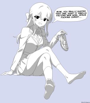 1girl ankle_socks arm_support blazer blue_background bow bowtie breasts collared_shirt crossed_legs double-parted_bangs hair_between_eyes hair_bow jacket lineart loafers long_hair looking_at_viewer medium_breasts monochrome no_shoes open_mouth original panties pantyshot pixel_art pleated_skirt school_uniform shirt shoes sidelocks simple_background sitting skirt smile smug socks soulfull_sequoia speech_bubble twitter_username underwear unworn_shoes