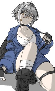 1girl absurdres antenna_hair bandages bandaid black_jacket boots cosawara fingerless_gloves gloves goddess_of_victory:_nikke grey_hair highres jacket mori_(nikke) short_hair solo twitter yellow_eyes