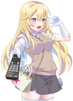 1girl :d absurdres bag blonde_hair breasts brown_sweater_vest chain chain_between_breasts collared_shirt controller elbow_gloves gloves grey_skirt handbag highres holding holding_remote_control large_breasts long_hair looking_at_viewer miniskirt open_mouth pleated_skirt re_mistar remote_control school_uniform shirt shokuhou_misaki short_sleeves simple_background skirt smile solo sparkling_eyes star_(symbol) star_print summer_uniform sweater_vest symbol-shaped_pupils thighhighs toaru_kagaku_no_mental_out toaru_kagaku_no_railgun toaru_majutsu_no_index tokiwadai_school_uniform v-neck very_long_hair w white_gloves white_shirt white_thighhighs yellow_eyes zettai_ryouiki