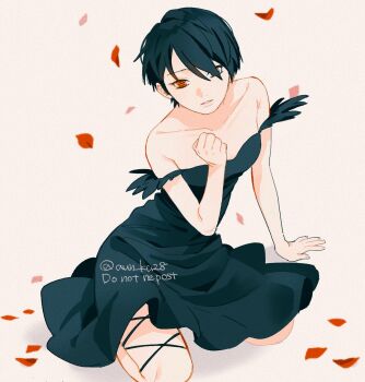 1girl bad_id bad_twitter_id black_dress black_hair boruto:_two_blue_vortex breasts dress hair_over_one_eye highres leaf mangekyou_sharingan medium_dress naruto_(series) no_eyewear off-shoulder_dress off_shoulder onka_(aun_ka28) red_eyes sharingan short_hair sitting small_breasts uchiha_sarada watermark