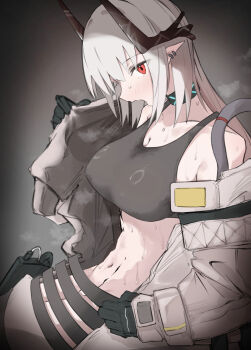 1girl absurdres arknights armpit_crease bare_shoulders black_gloves black_horns black_sports_bra blush breasts cleavage collarbone commentary_request earrings gloves grey_hair groin highres hoop_earrings horns infection_monitor_(arknights) jewelry jumpsuit large_breasts long_hair looking_at_viewer material_growth mudrock_(arknights) mudrock_(elite_ii)_(arknights) navel no_panties open_jumpsuit open_mouth oripathy_lesion_(arknights) pointy_ears red_eyes snkaton solo sports_bra stained_clothes steaming_body stomach sweat sweat_stain sweatdrop undressing very_sweaty white_jumpsuit