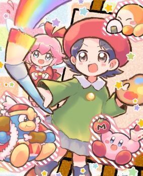Rule 34 | 2girls, adeleine, beret, black hair, blue eyes, cake, cake slice, canvas (object), eating, fairy, fairy wings, food, grey skirt, hat, holding, holding paint palette, holding paintbrush, hoshi ume 01414, king dedede, kirby, kirby (series), kirby 64, maxim tomato, multiple girls, nintendo, onigiri, open mouth, paint palette, paintbrush, red hat, ribbon (kirby), skirt, smile, socks, star (symbol), waddle dee, wings