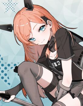1girl aqua_eyes black_jacket black_one-piece_swimsuit collar commentary_request flat_chest grey_skirt grey_thighhighs headgear highres jacket kantai_collection long_hair looking_at_viewer metal_collar one-piece_swimsuit orange_hair salmon_(kancolle) shamomo skirt smile solo swimsuit thighhighs torpedo_launcher