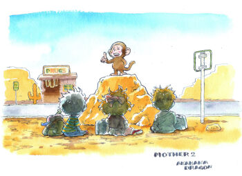 1girl 2boys akahanadragon backpack bag black_hair blonde_hair blue_sky blush_stickers bow building cactus copyright_name desert from_behind hair_bow index_finger_raised jeff_andonuts messy_hair monkey mother_(series) mother_2 multiple_boys ness_(mother_2) nintendo one_eye_closed open_mouth outdoors paula_(mother_2) road road_sign rock saguaro shack shirt shoes sign sitting sky soot striped_clothes striped_shirt suitcase t-shirt