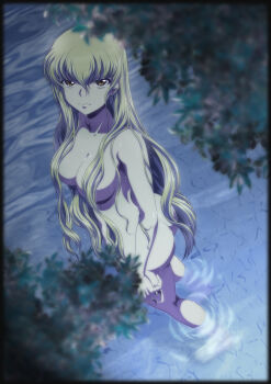 1girl ass breasts brown_eyes c.c. closed_mouth code_geass commentary_request completely_nude hair_between_eyes hair_over_breasts highres kaname_aomame looking_at_viewer medium_breasts nude outdoors solo standing water wet wet_hair
