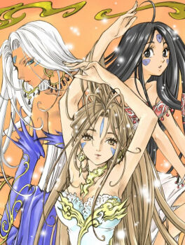 3girls aa_megami-sama belldandy black_hair breasts clamp dark-skinned_female dark_skin facial_mark long_hair looking_at_viewer multiple_girls siblings sisters skuld_(aa_megami-sama) urd_(aa_megami-sama) very_long_hair white_hair