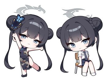 1girl arms_up black_dress black_hair black_necktie black_shoes black_skirt blue_archive butterfly_hair_ornament chair chibi chibi_only china_dress chinese_clothes closed_mouth diagonal-striped_clothes diagonal-striped_necktie double_bun dress grey_eyes grey_halo hair_bun hair_ornament halo highres kisaki_(blue_archive) kisaki_(school_uniform)_(blue_archive) long_hair looking_at_viewer multiple_views necktie official_alternate_costume on_chair pudding_(skymint_028) shirt shoes simple_background sitting skirt sleeveless sleeveless_dress smile socks standing striped_clothes very_long_hair white_background white_shirt white_socks