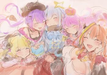 5girls amane_kanata amane_kanata_(1st_costume) animal_ears black_vest blonde_streaks breasts cleavage closed_eyes closed_mouth commentary_request cropped_jacket demon_girl demon_horns dragon_girl dragon_horns highres himemori_luna himemori_luna_(1st_costume) holoforce hololive horns jacket kama_boko17 kiryu_coco kiryu_coco_(1st_costume) large_breasts long_hair multiple_girls open_mouth orange_hair sheep_ears sheep_girl sheep_horns shirt small_breasts smile tokoyami_towa tokoyami_towa_(1st_costume) tsunomaki_watame tsunomaki_watame_(1st_costume) twintails vest virtual_youtuber white_jacket white_shirt