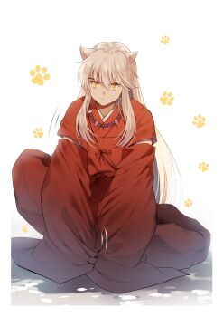 1boy :/ absurdres animal_ears arms_between_legs dog_boy dog_ears full_body hair_between_eyes hakama hakama_pants highres inuyasha inuyasha_(character) japanese_clothes jiji_(381134808) kimono long_sleeves looking_at_viewer male_focus mole pants paw_print red_kimono red_pants sidelocks sleeves_past_fingers sleeves_past_wrists slit_pupils solo v-shaped_eyebrows white_background white_hair wide_sleeves yellow_eyes