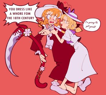 Rule 34 | 2girls, arirewdinn, barefoot, blonde hair, blush, bow, capelet, curly hair, cursive, dress, elly (touhou), english text, flower, frilled sleeves, frills, hat, hat bow, hat ribbon, holding, holding scythe, long skirt, long sleeves, looking at another, louise (touhou), multiple girls, neckerchief, open mouth, plant, ponytail, purple bow, purple neckerchief, red background, red dress, red ribbon, ribbon, scythe, shirt, short sleeves, sidelocks, skirt, socks, sweatdrop, touhou, touhou (pc-98), v-shaped eyebrows, vines, white capelet, white hat, white shirt, white skirt, white socks, yuri