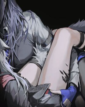 2girls absurdres animal_ears ara_200117 arknights black_background black_vest blue_gloves blue_hair commentary fingerless_gloves gloves grey_hair hand_on_another&#039;s_thigh highres lappland_(arknights) lappland_the_decadenza_(arknights) long_hair long_sleeves material_growth multiple_girls oripathy_lesion_(arknights) shirt simple_background symbol-only_commentary tail texas_(arknights) texas_the_omertosa_(arknights) vest white_shirt wolf_ears wolf_girl wolf_tail yuri
