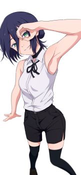 1girl absurdres arm_up armpits black_choker black_hair black_ribbon black_shoes black_thighhighs breasts chainsaw_man choker closed_mouth collared_shirt commentary_request green_eyes hair_between_eyes hair_bun highres loafers looking_at_viewer na-suke neck_ribbon reze_(chainsaw_man) ribbon shirt shoes short_hair simple_background sleeveless sleeveless_shirt smile solo standing thighhighs white_background white_shirt