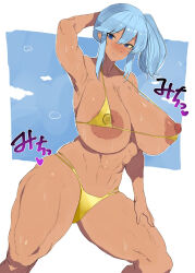 Rule 34 | 1girl, arm up, armpits, bikini, blue hair, blush, breasts, buchubuchuneet, commentary request, dark-skinned female, dark areolae, dark skin, gold bikini, highres, large breasts, looking at viewer, muscular, muscular female, navel, nipples, original, paid reward available, side ponytail, solo, stomach, sweat, swimsuit, teeth, thighs, toned