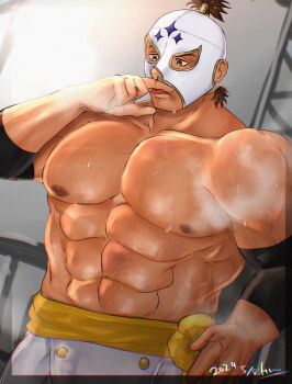 1boy abs absurdres bara blood brown_hair cowboy_shot el_fuerte highres huge_pectorals kata_(o)_ware luchador_mask male_focus mask muscular muscular_male navel nipples nosebleed pectorals solo steaming_body street_fighter strongman_waist sweat thick_eyebrows tongue tongue_out topless_male