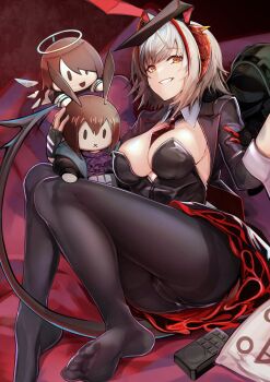 absurdres amiya_(arknights) animal_ears antenna_hair arknights black_jacket bow bowtie controller demon_girl demon_horns demon_tail detonator exusiai_(arknights) fake_animal_ears feet grey_hair grey_shirt highres horns jacket ku-ba leotard open_clothes open_jacket pantyhose playboy_bunny rabbit_ears remote_control shirt short_hair soles strapless strapless_leotard tail w_(arknights) yellow_eyes