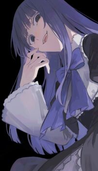 Rule 34 | 1girl, alt (apou), black background, black dress, black eyes, blue bow, blue bowtie, blue hair, blunt bangs, blunt ends, bow, bowtie, collared dress, commentary request, dress, frederica bernkastel, frilled shirt collar, frills, from below, grin, hand to own mouth, hand up, layered sleeves, long hair, long sleeves, looking at viewer, looking down, open mouth, short over long sleeves, short sleeves, simple background, smile, solo, umineko no naku koro ni, upper body, wide sleeves