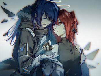 2girls arknights black_gloves black_jacket black_shirt blue_eyes blue_hair breasts chinese_commentary commentary_request exusiai_(arknights) fingerless_gloves gloves hair_between_eyes halo highres horns jacket jewelry medium_hair mostima_(arknights) multiple_girls necklace off_shoulder open_mouth red_hair shirt small_breasts white_jacket yuri yuuu_(chixulixianing)