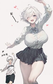 1girl age_progression ahoge arm_up bare_legs black_skirt blue_eyes blush bow bowtie bra_visible_through_clothes bralines breasts collared_shirt denim feet_out_of_frame grey_background kurono_mitsuki large_breasts long_sleeves looking_at_viewer miniskirt musical_note one_eye_closed open_mouth original pleated_skirt reverse_trap running school_uniform see-through_clothes see-through_shirt shirt shirt_tucked_in short_hair shorts simple_background skirt sleeves_rolled_up smile striped_bow striped_bowtie striped_clothes thigh_gap tomboy translated waving white_hair white_shirt