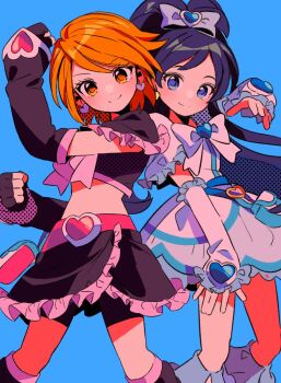 2girls arm_warmers bike_shorts black_shirt black_skirt black_socks blue_eyes blue_hair blush bow bowtie closed_mouth crop_top cropped_shirt cure_black cure_white dress feet_out_of_frame frilled_dress frilled_skirt frills futari_wa_precure long_hair looking_at_viewer misumi_nagisa multiple_girls orange_eyes orange_hair ponytail precure sanamaru_(sana79261827) shirt short_hair short_sleeves simple_background skirt smile socks standing white_bow white_bowtie white_dress yukishiro_honoka