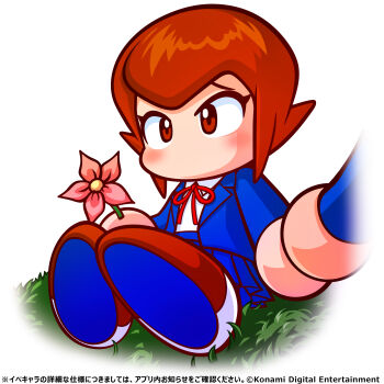 1girl 1other absurdres artist_request blazer blue_jacket blue_skirt brown_eyes brown_hair copyright_notice flower hand_grab highres holding holding_flower jacket jikkyou_powerful_pro_yakyuu jikkyou_powerful_pro_yakyuu_(style) jikkyou_powerful_soccer neck_ribbon no_mouth official_art open_clothes open_jacket power_pro_kun_pocket power_pro_kun_pocket_1 rayman_limbs red_ribbon ribbon school_uniform shirt short_hair sitting skirt translation_request white_shirt yomichi_satomi