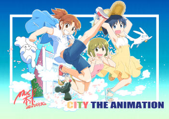 2025 3girls adjusting_clothes adjusting_headwear armpits blue_background blue_eyes blue_hair blue_hoodie blue_sandals blue_shorts brown_eyes brown_hair bush camisole cat city_(arawi_keiichi) cloud collarbone commentary_request confetti copyright_name dated double_v dress flip-flops gradient_background green_eyes green_hair hat highres holding holding_unworn_clothes hood hoodie izumi_wako jumping leg_up long_hair looking_at_viewer makabe_(city) mdc_honpo mimineko multiple_girls nagumo_midori nezumi_orikou niikura_(city) open_mouth pink_camisole ponytail red_shoes sandals shirt shoes short_hair short_sleeves shorts signature straw_hat teeth unworn_hoodie v white_shirt window yellow_dress yellow_sandals