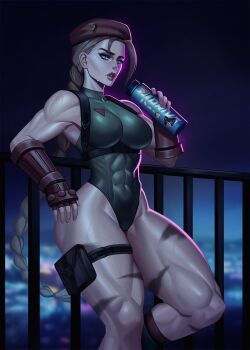 1girl absurdres beret blonde_hair blue_eyes bodypaint bottle braid breasts cammy_white chest_harness cloud feet_out_of_frame fingerless_gloves gloves green_leotard harness hat highleg highleg_leotard highres large_breasts leotard muscular muscular_female railing red_gloves red_hat solo sports_bottle squigglesfc street_fighter thigh_strap thong thong_leotard twilight twin_braids