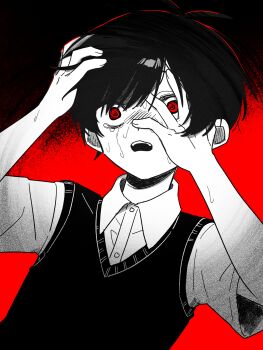 Rule 34 | 1boy, @ @, absurdres, alternate eye color, antenna hair, collared shirt, commentary, greyscale, hands on own face, highres, male focus, monochrome, mqd0rl, omori, open mouth, red eyes, shirt, short hair, short sleeves, solo, spot color, sunny (omori), sweater vest, symbol-only commentary, teeth, upper body, upper teeth only