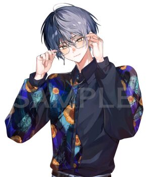 1boy adjusting_eyewear aoyagi_touya bespectacled blue_hair closed_mouth collared_shirt commentary_request earrings fingernails floral_print glasses grey_eyes haruzawa0731 highres jewelry long_sleeves looking_at_viewer male_focus multicolored_hair necklace official_alternate_costume project_sekai ring shirt short_hair simple_background smile solo split-color_hair the_first_concerto_(project_sekai) two-tone_hair upper_body watermark white_background