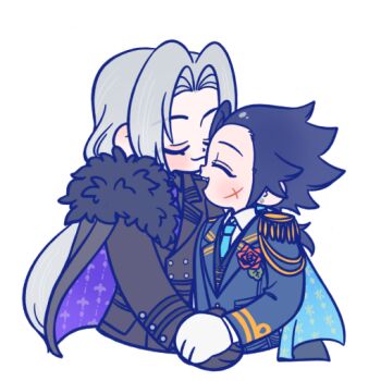 105zz 2boys black_cape black_coat black_gloves black_hair blue_cape blue_necktie cape closed_eyes closed_mouth coat collared_shirt corsage cropped_torso cross_scar earrings epaulettes facial_scar final_fantasy final_fantasy_vii flower fur-trimmed_coat fur_trim gloves gold_trim grey_hair hair_slicked_back holding_hands jacket jewelry light_blush long_hair male_focus military_jacket military_uniform multiple_boys necktie open_mouth parted_bangs purple_cape red_flower red_rose rose scar scar_on_cheek scar_on_face sephiroth shirt sideburns single_earring smile two-sided_cape two-sided_fabric white_background white_gloves white_shirt yaoi zack_fair