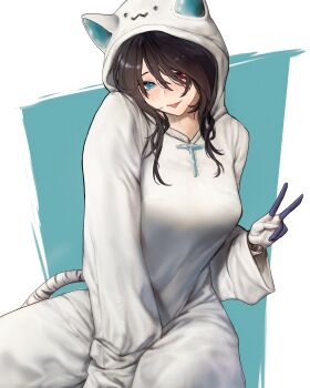 1girl animal_ears black_hair breasts cat_ears erina_makina heterochromia highres mn374390 onesie phase_connect prosthesis prosthetic_arm tail tiger_tail virtual_youtuber