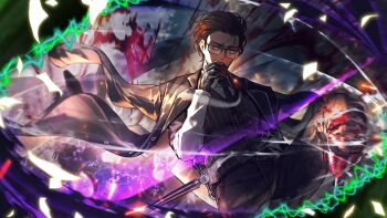 Rule 34 | 1boy, 1other, beard stubble, black gloves, black necktie, blood, blood on clothes, bloody weapon, brown eyes, brown hair, bug, cigar, coat, coat on shoulders, cockroach, collared shirt, facial hair, game cg, glasses, gloves, gregor (project moon), grey jacket, grey pants, grey vest, highres, insect, jacket, library of ruina, limbus company, nai ga, necktie, night awls (identity) (project moon), official art, pants, peg leg, project moon, rain, shirt, short hair, single glove, smoke, smoking, solo, solo focus, striped clothes, striped vest, stubble, sword, vertical-striped clothes, vertical-striped vest, vest, weapon, white shirt, window