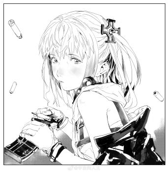 1girl absurdres bare_shoulders blush breasts bullet girls&#039;_frontline gloves highres lips long_hair monochrome multicolored_hair st_ar-15_(girls&#039;_frontline) yuzhou_gou_ren_wang