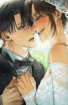 Rule 34 | 1boy, 1girl, 5454 sao, bare shoulders, black bow, black bowtie, black hair, black jacket, blurry, blurry background, blush, bow, bowtie, breasts, bridal veil, bride, brown hair, closed eyes, collared shirt, commentary request, couple, dress, glasses, grin, groom, hair between eyes, hange zoe, hetero, holding hands, husband and wife, jacket, jewelry, korean commentary, lace, lace sleeves, levi (shingeki no kyojin), looking at another, medium breasts, parted bangs, parted lips, ring, shingeki no kyojin, shirt, short hair, smile, sparkle, suit jacket, teeth, upper body, veil, wedding dress, wedding ring, white dress, white shirt