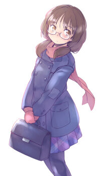 1girl black_coat black_pants blush briefcase brown_eyes brown_hair coat commentary_request glasses holding holding_briefcase medium_hair mittens one-hour_drawing_challenge pants plaid_clothes plaid_skirt pleated_skirt purple_skirt rangycrow red_mittens red_scarf scarf school_briefcase sideways_glance simple_background skirt solo touhou twintails usami_sumireko white_background