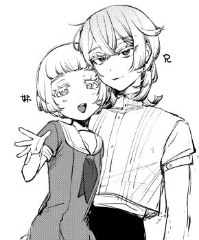 Rule 34 | 1boy, 1girl, :d, androgynous, check translation, collared shirt, cowboy shot, crossed bangs, dot nose, dress, greyscale, happy, leaning on person, light blush, light smile, looking at viewer, monochrome, neckerchief, open mouth, original, sailor collar, sailor dress, shirt, short bangs, short hair, short sleeves, siblings, simple background, smile, straight-on, translation request, watarai anji (za9ko), watarai tokitsune (za9ko), white background, white hair, white shirt, za9k0