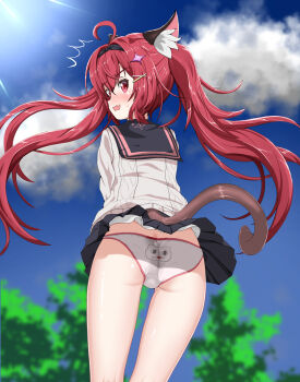 1girl absurdres ahoge animal_ears black-framed_eyewear black_sailor_collar black_skirt blue_sky cardigan cat_ears cat_girl cat_tail clothing_cutout cloud commentary_request glasses gunnsougarden hair_ornament highres long_hair looking_at_viewer nanally_(nte) nanally_(the_popular_kid)_(nte) neverness_to_everness official_alternate_costume outdoors panties pantyshot red_eyes red_hair sailor_collar skirt sky solo tail tail_through_clothes twintails underwear white_cardigan white_panties x_hair_ornament