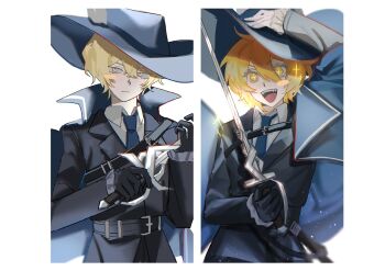 +_+ 1boy 1girl belt black_belt black_gloves black_jacket blonde_hair blue_cloak blue_hat blue_necktie blush_stickers border cinq_association_south_uniform cloak closed_mouth collared_shirt don_quixote_(project_moon) epee fangs floating_clothes frills fushimi_arata gloves hair_between_eyes hand_on_headwear hands_up hat hat_feather hat_ornament highres holding holding_sword holding_weapon jacket lapels limbus_company long_sleeves looking_at_viewer necktie open_mouth project_moon shirt short_hair simple_background sinclair_(project_moon) single_glove smile sparkle sword teeth tongue v-shaped_eyebrows weapon white_background white_border white_shirt yellow_eyes