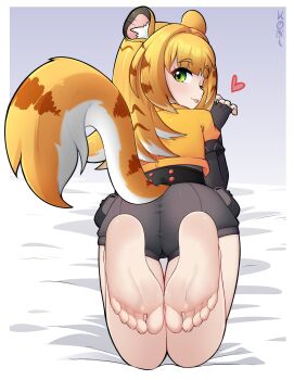 1girl animal_ears ass barefoot bed black_gloves black_shirt black_shorts blonde_hair blue_background blush closed_mouth cropped_jacket elbow_gloves eyelashes feet_up female_focus fingerless_gloves foot_focus from_behind from_below full_body gloves gradient_background green_eyes hand_up jacket ju_fufu konan_exe loli long_hair looking_at_viewer looking_back lying mihoyo on_bed on_stomach one_eye_closed shirt shorts simple_background smile solo tail tiger_ears tiger_girl tiger_tail tongue tongue_out yellow_jacket zenless_zone_zero