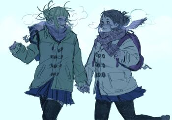 2girls backpack bag bag_charm blonde_hair blunt_bangs boku_no_hero_academia breath brown_hair charm_(object) closed_eyes commentary double_bun duffel_jacket fang hair_bun highres holding_hands jacket long_sleeves looking_at_another multiple_girls open_mouth pantyhose pleated_skirt scarf short_hair skirt smile thighhighs toga_himiko uraraka_ochako ynnu-64