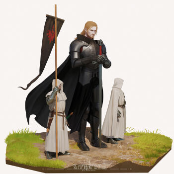 3boys absurdres armor artist_logo artist_name beard blonde_hair breastplate closed_mouth dark_angels facial_hair gauntlets grass green_eyes highres hilt holding holding_sword holding_weapon hood hood_up lion_el&#039;jonson logo long_hair multiple_boys pauldrons primarch shoulder_armor sword usfr warhammer_40k weapon