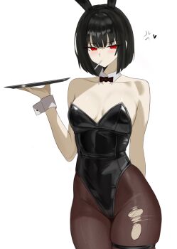 1girl absurdres anger_vein animal_ears arm_behind_back black_hair black_leotard blush bob_cut bow bowtie breasts cigarette collarbone detached_collar fake_animal_ears heart highres holding holding_tray leotard limbus_company looking_at_viewer pantyhose playboy_bunny pmlbtmlorlc project_moon rabbit_ears red_eyes ryoshu_(project_moon) short_hair simple_background small_breasts smoking solo strapless strapless_leotard torn_clothes torn_pantyhose tray white_background white_wrist_cuffs wrist_cuffs