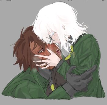 Rule 34 | 1boy, 1girl, after kiss, black gloves, blue eyes, brown hair, commentary request, dark-skinned male, dark skin, eyebrow cut, faust (project moon), gloves, green jacket, grey background, heathcliff (project moon), hetero, igtw4s, jacket, limbus company, open mouth, project moon, saliva, saliva trail, seven association south uniform, short hair, simple background, white hair