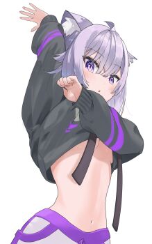 1girl absurdres ahoge animal_ear_fluff animal_ears black_hoodie blush breasts cat_ears cat_girl commentary cowboy_shot crop_top crop_top_overhang cropped_hoodie dot_nose double-parted_bangs drawstring food food_print hair_between_eyes hand_up highres hololive hood hoodie kanataeni long_sleeves looking_at_viewer medium_hair navel nekomata_okayu nekomata_okayu_(1st_costume) no_bra onigiri onigiri_print open_mouth pants purple_eyes purple_hair short_hair simple_background solo stomach sweatpants underboob virtual_youtuber white_background white_pants