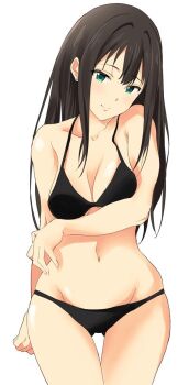 1girl bikini black_bikini black_hair breasts cleavage collarbone cowboy_shot earrings female_focus green_eyes head_tilt highres idolmaster idolmaster_cinderella_girls jewelry long_hair navel shibuya_rin simple_background smile solo stomach swimsuit waist white_background yoshiki360