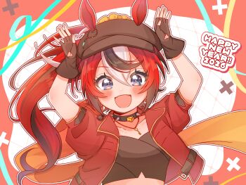 1girl 2026 absurdres alternate_animal_ears alternate_species animal_ears arms_up belt black_hair blue_eyes blush brown_gloves cheese choker collarbone commentary cosplay fangs flat_cap food gloves hakos_baelz hands_up happy_new_year hat highres hololive hololive_english horse_ears horse_tail jacket jewelry kemonomimi_mode key key_necklace machiya_chiho midriff multicolored_hair necklace new_year ponytail rabbit_pose red_jacket scarf smile symbol-only_commentary tail tokai_teio_(beyond_the_horizon)_(umamusume) tokai_teio_(umamusume) tokai_teio_(umamusume)_(cosplay) umamusume upper_body virtual_youtuber white_hair